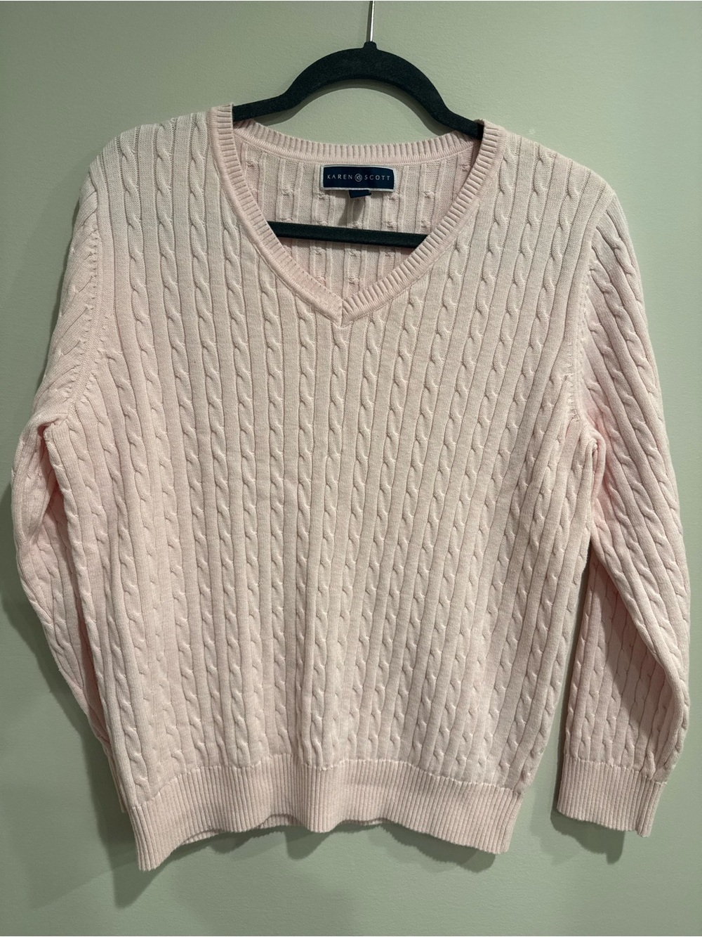 Karen Scott Pale Pink Cable-Knit V-Neck Sweater